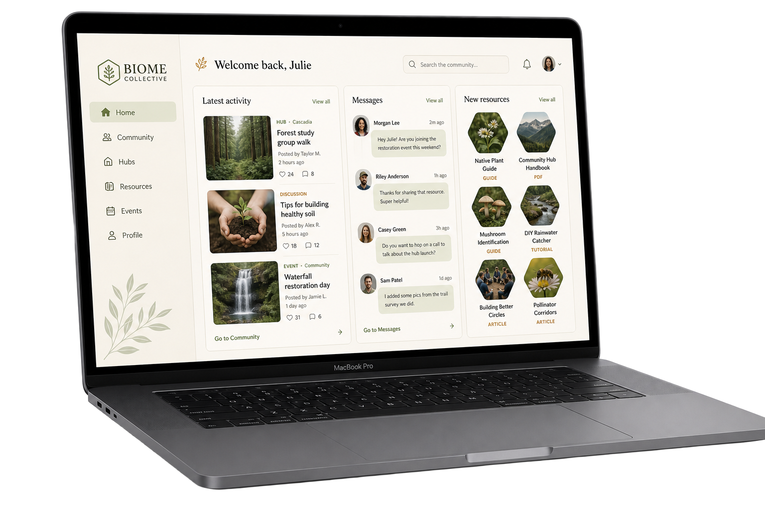 Biome Collective community dashboard on a MacBook