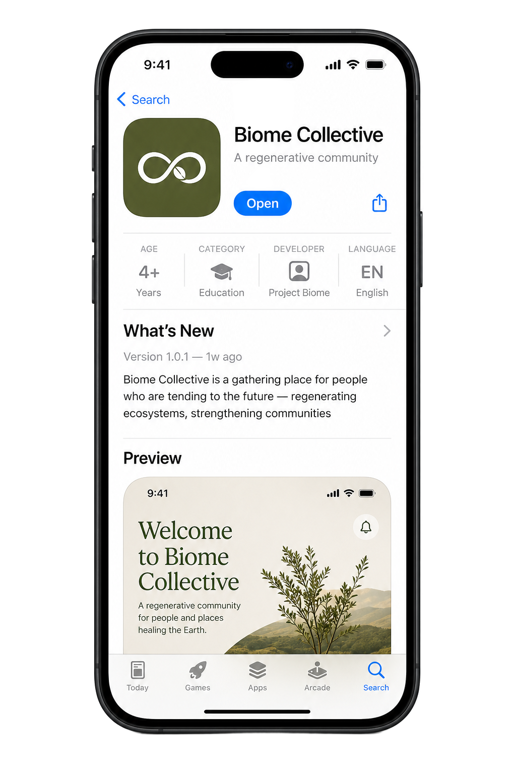 Biome Collective app on iPhone